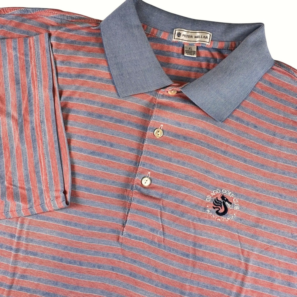 Peter Millar Mens XL Red Blue Striped Cotton Polo Shirt Drago Golf Club Logo